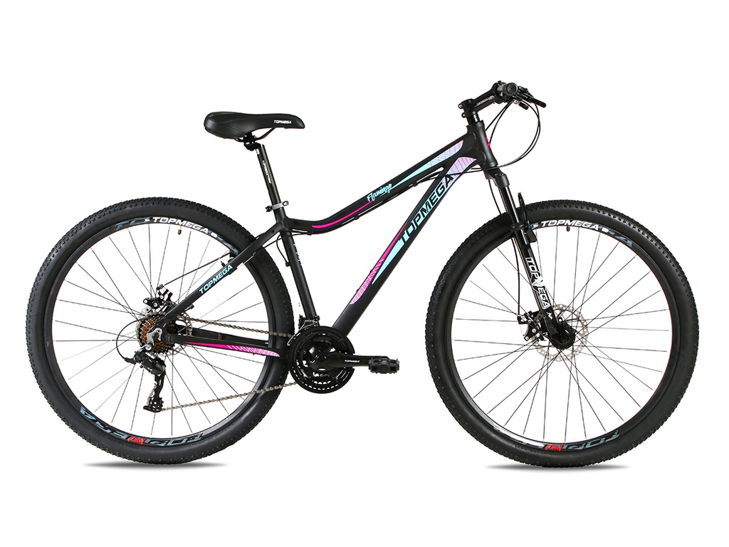 BICICLETA MTB TOPMEGA FLAMINGO ALUMINIO R29 21VEL SHIMANO TOURNEY NEGRO/CELESTE TALLE M