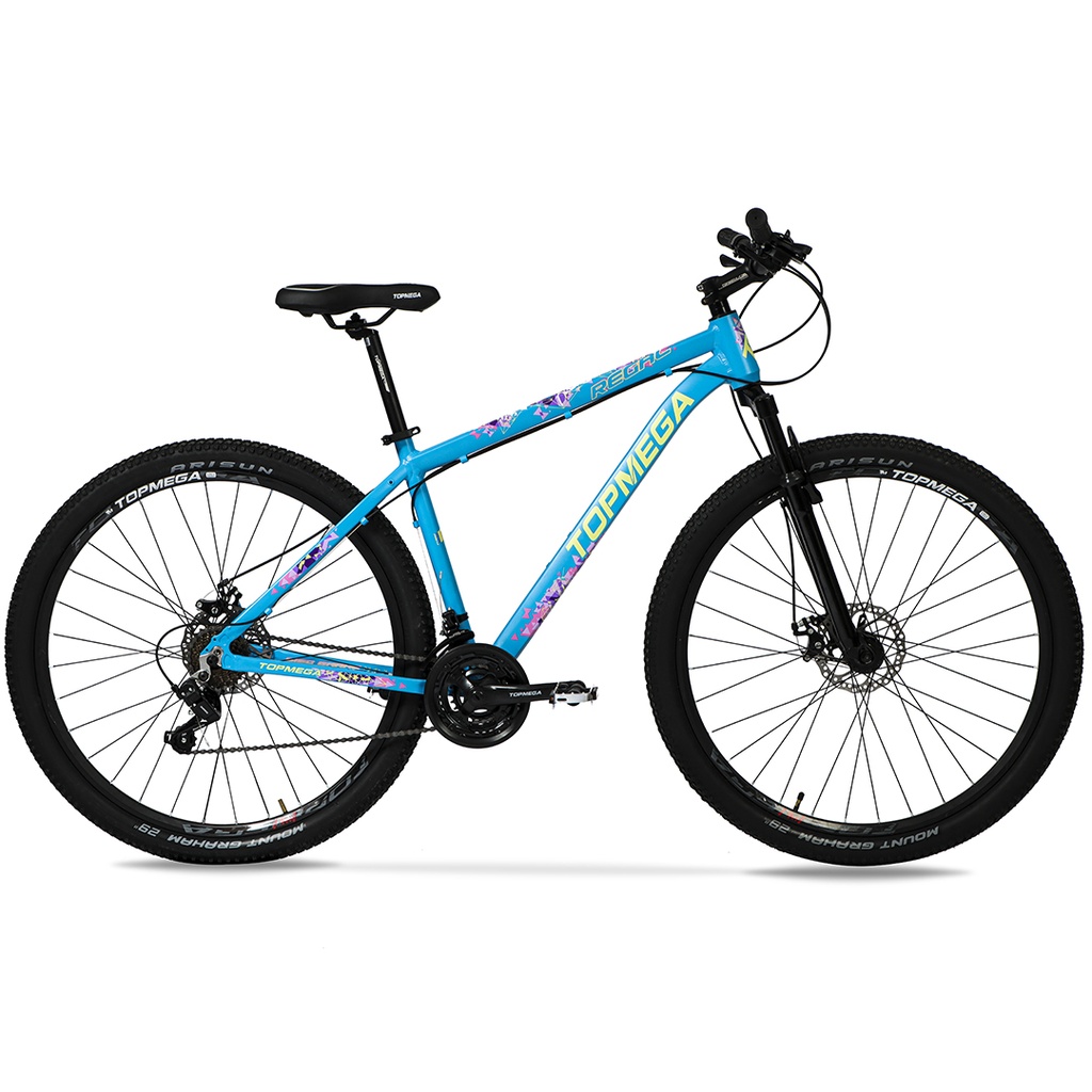 BICICLETA MTB TOPMEGA REGAL ALUMINIO R29" 21VEL SHIMANO TOURNEY CELESTE/AMARILLO/ROSA TALLE M