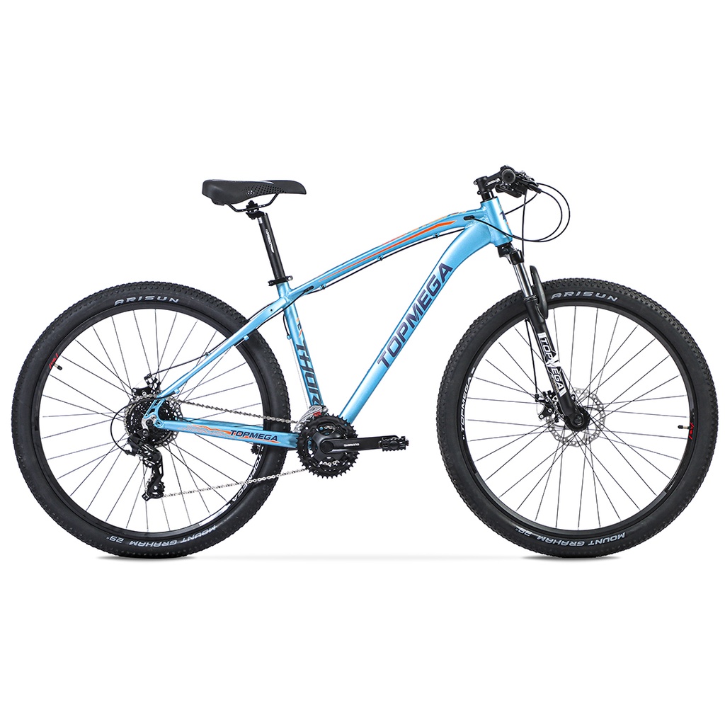 BICICLETA MTB TOPMEGA THOR ALUMINIO R29" 24VEL SHIMANO TOURNEY CELESTE/AZUL/NARANJA TALLE S