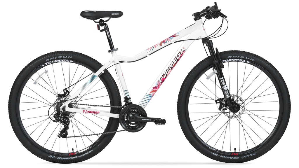 BICICLETA MTB TOPMEGA FLAMINGO ALUMINIO R29 21VEL SHIMANO TOURNEY BLANCO/ROSA/CELESTE TALLE M