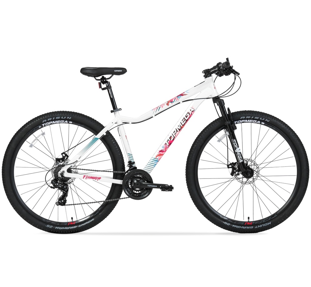BICICLETA MTB TOPMEGA FLAMINGO ALUMINIO R29 21VEL SHIMANO TOURNEY BLANCO/ROSA/CELESTE TALLEXS