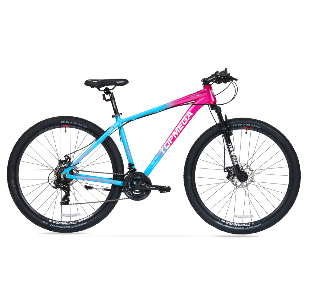 BICICLETA MTB TOPMEGA SUNSHINE ALUMINIO R29" 21VEL SHIMANO TOURNEY CELESTE/FUCSIA TALLE M